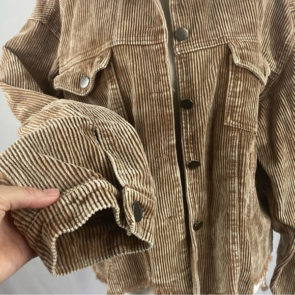 POL Brown Corduroy Distressed Jean Jacket Size M Raw Hem Oversized - Picture 3 of 12